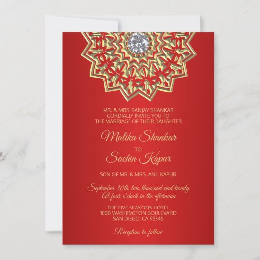 Ruby RED Mandala Gold Invitations de mariage indie (Devant)