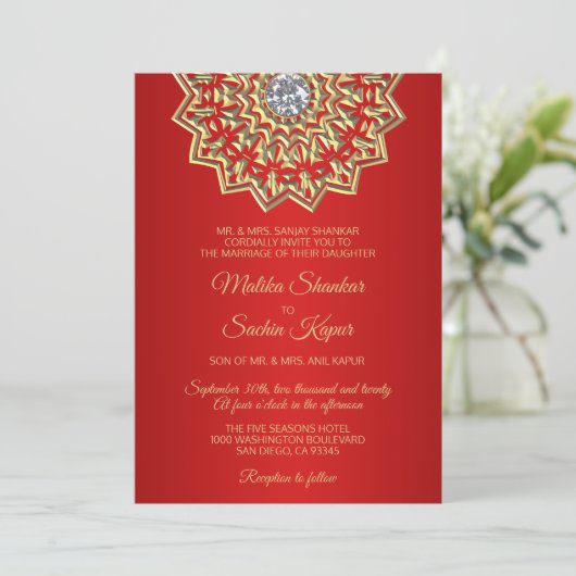Ruby RED Mandala Gold Invitations de mariage indie (Debout devant)