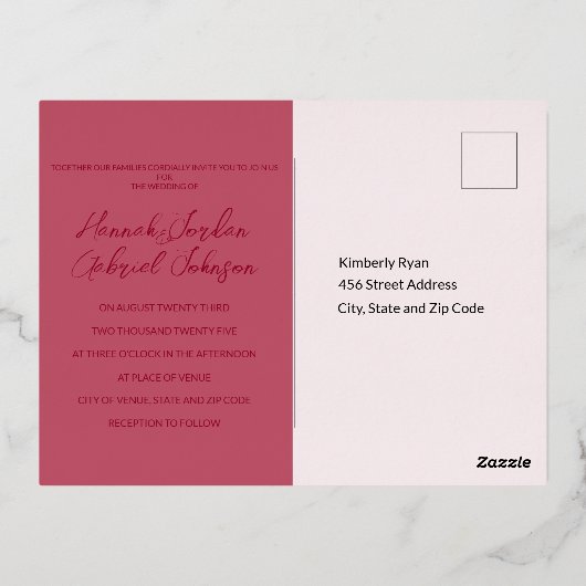 Ruby Red Mariage Foil Invitation Carte postale (Verso)