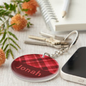 Ruby Red Plaid Monogram Circle Sleutelhanger (Voorkant Rechts)