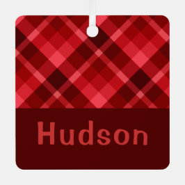 Ruby Red Plaid Monogram Square Metal Ornament