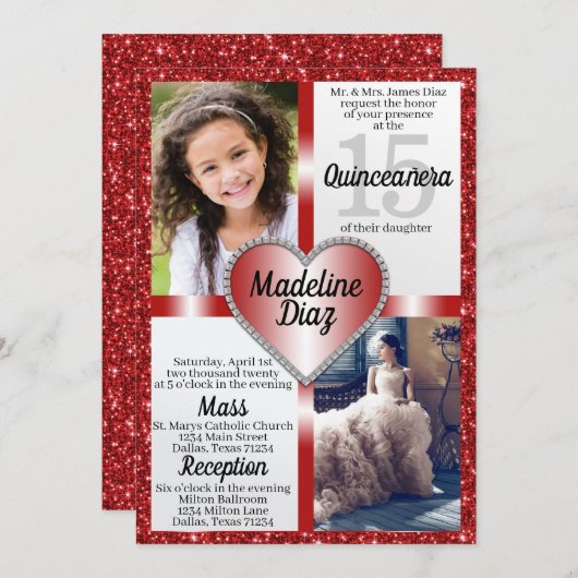 Ruby Red Quinceañera Invitation 15 Cumpleaños (Devant / Derrière)