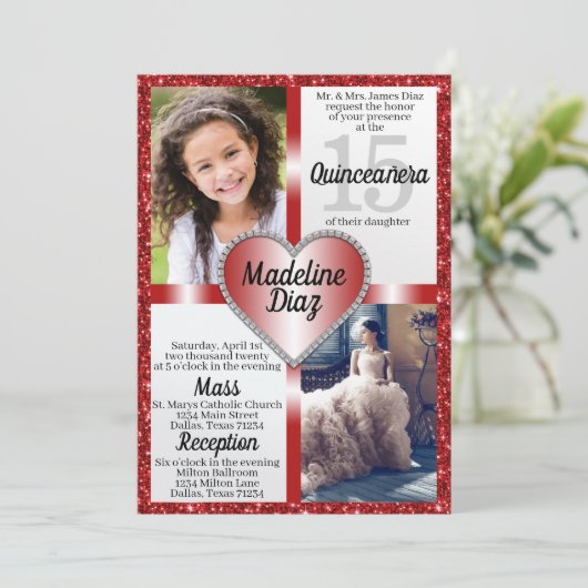 Ruby Red Quinceañera Uitnodiging 15 Cumpleaños (Staand voorkant)