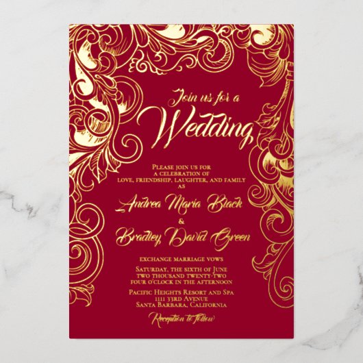 Ruby Red Real Gold Foil Abstracte Floral Folie Uitnodiging (Voorkant)