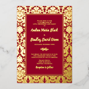 Ruby Red Real Gold Foil Damask Wedding Folie Uitnodiging