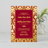 Ruby Red Real Gold Foil Damask Wedding Folie Uitnodiging (Staand Voorkant)