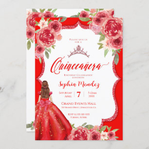 Ruby Red Rose Floral Waterverf Quinceanera Kaart