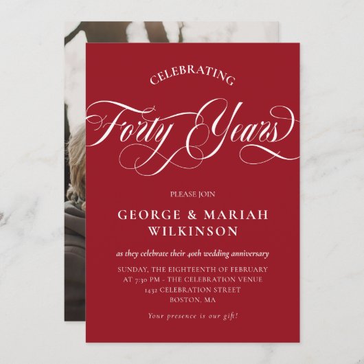 Ruby Red Swirly Calligraphy 40th Weddi Jubileum Kaart (Voorkant / Achterkant)