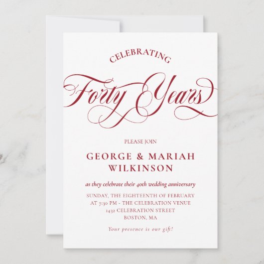 Ruby Red Swirly Script 40th Wedding Jubileum Kaart (Voorkant)