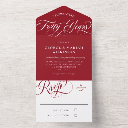 Ruby Red White 40e huwelijksjubileum All In One Uitnodiging (Binnen)