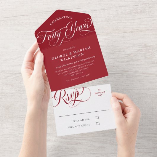 Ruby Red White 40ste huwelijksjubileum All In One Uitnodiging (Afscheurbaar)