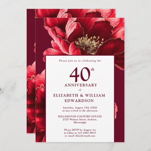 Ruby Rood en Goud Bloemen 40e Jubileum Kaart (Voorkant / Achterkant)