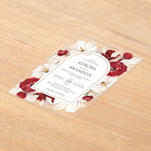 Ruby rood en wit bloemen bruiloft acryl uitnodigingen (Laagn)