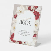 Ruby rood en wit bloemen bruiloft gastenboek reclamebord met voetstuk (Voorkant)