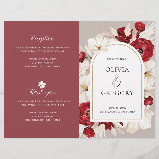 Ruby rood en wit bloemen bruiloft programma's (Voorkant)