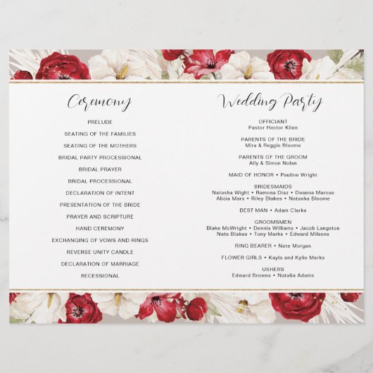 Ruby rood en wit bloemen bruiloft programma's (Achterkant)