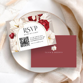 Ruby rood en wit bloemen bruiloft RSVP met QRcode