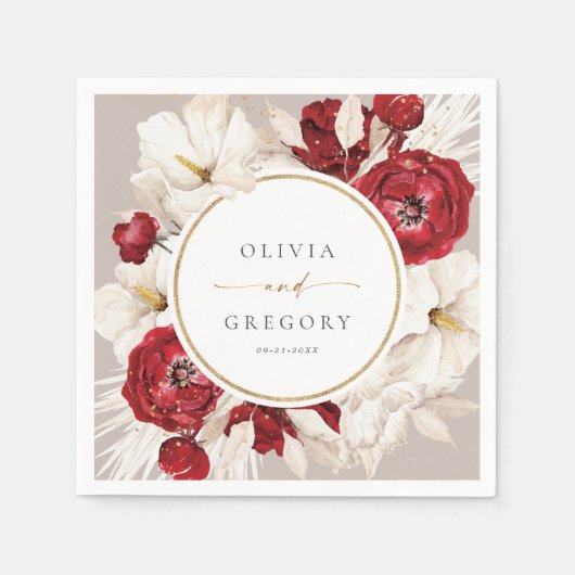 Ruby rood en wit bloemen bruiloft servet (Voorkant)