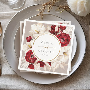 Ruby rood en wit bloemen bruiloft servet