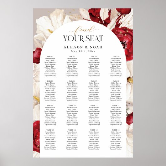 Ruby rood en wit bloemen bruiloft vind uw stoel poster (Voorkant)