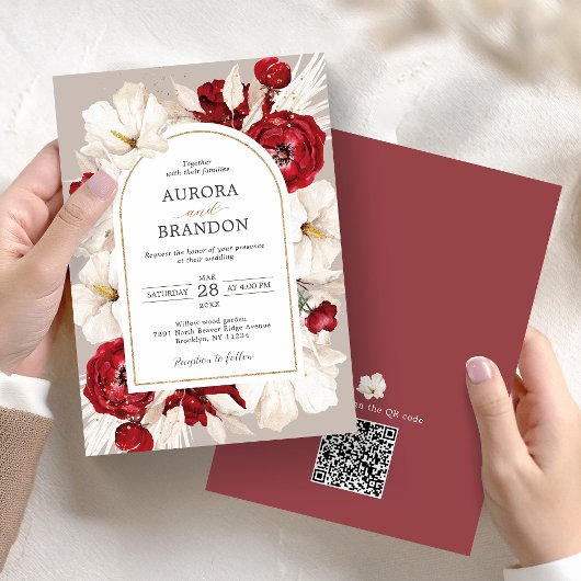 Ruby rood en wit bloemen Uitnodiging met QR-code
