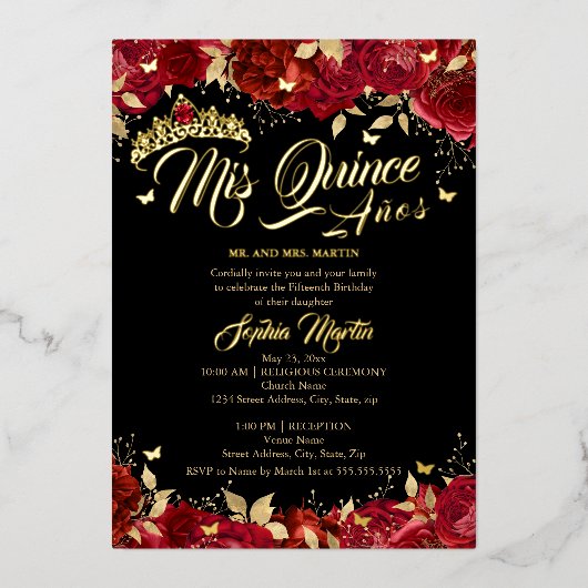 Ruby Rood Goud Zwart Roos Mis Quince Quinceanera Folie Uitnodiging (Voorkant)