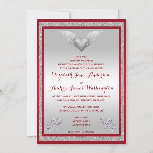 Ruby Rood, Sparkly Ringen & Veer Hart Bruiloft Kaart (Voorkant)