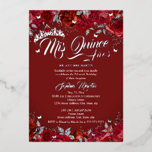 Ruby Roos Red Silver Mis Quince Quinceanera Folie Uitnodiging