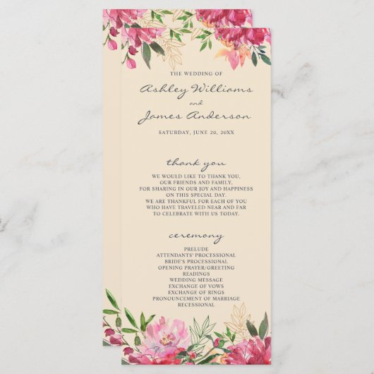 Ruby Roze Pioen Botanisch Ivoor Trouw Programma (Voorkant / Achterkant)