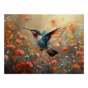 Ruby-Throated Hummingbird Floral Perfect Poster