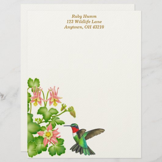 Ruby Throated Hummingbird in Columbines Persoonlijk Briefhoofd (Voorkant / Achterkant)