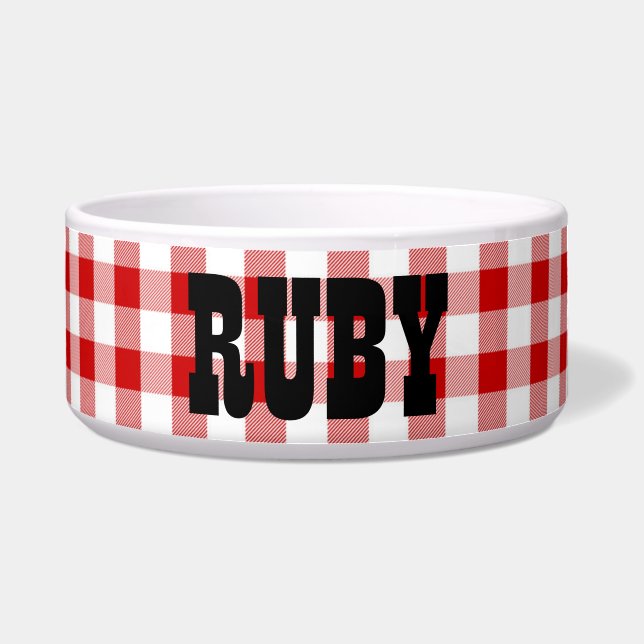 Ruby's Diner Dog's naam Rood & Witte cheques Voerbakje (Voorkant)
