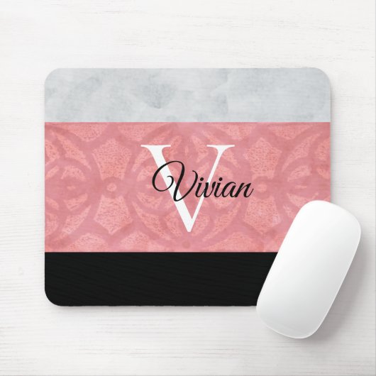 Ruddy Pink Batik en Grijze Waterverf monogrammen Muismat (Met muis)