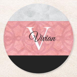 Ruddy Pink Batik en Grijze Waterverf monogrammen Ronde Kartonnen Onderzetter