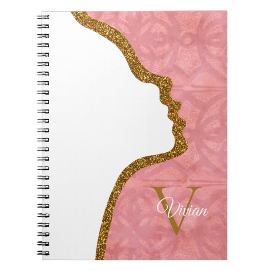 Ruddy roze en Gold Glitter Face Monogram Naam Notitieboek (Voorkant)