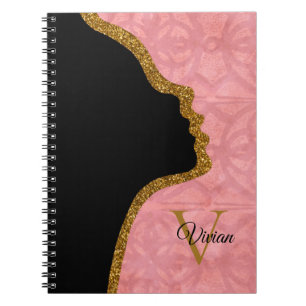 Ruddy roze en Gold Glitter Face Monogram Naam Notitieboek