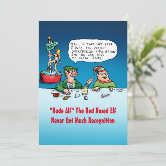 Rude Alf Funny Elf Flat Christmas Kaart (Staand voorkant)