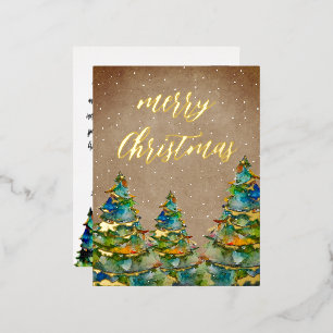 Rudimentaire Waterverf Kerstboom Sneeuwvlokken Gou Folie Feestdagen Briefkaart