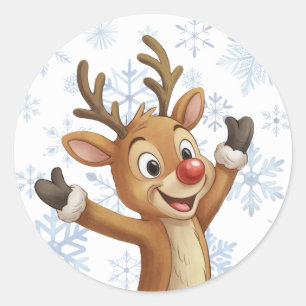 Rudolph Met Blauwe Sneeuwvlokken Ronde Sticker