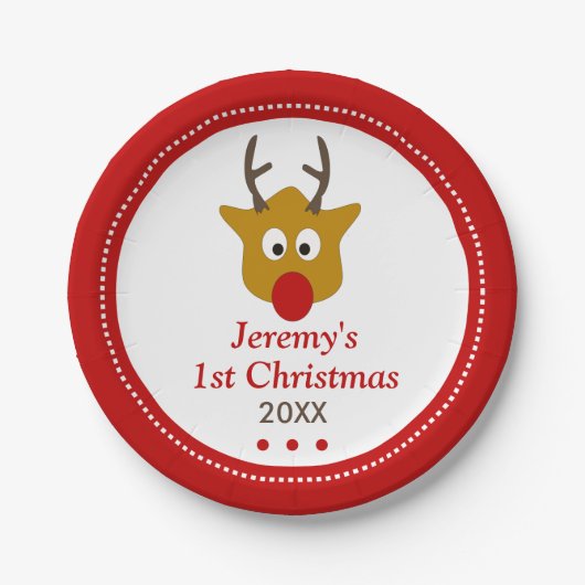 Rudolph the Reindeer Cute Babys 1st Kerstmis Papieren Bordje (Voorkant)