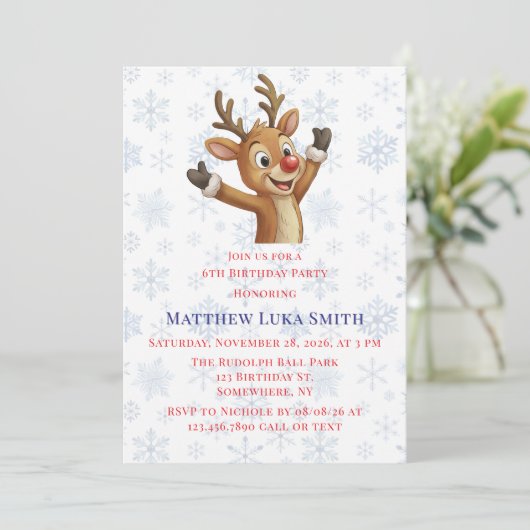 Rudolph with Blue Snowflakes Birthday Bash Kaart (Staand voorkant)