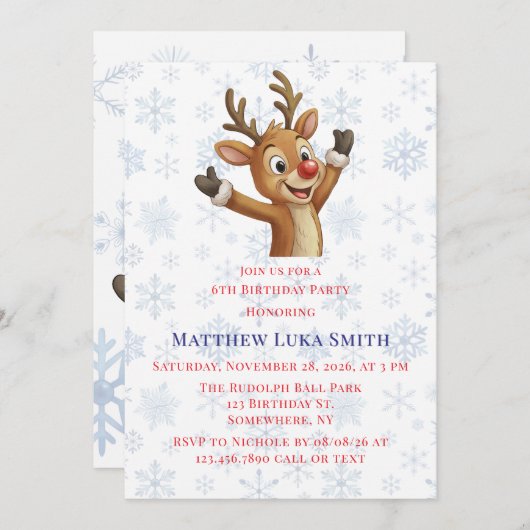 Rudolph with Blue Snowflakes Birthday Bash Kaart (Voorkant / Achterkant)