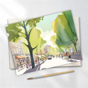 Rue Beacon Été   Boston, MA Carte aquarelle