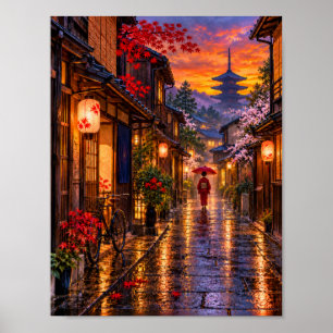 Rue pluvieuse de Kyoto – Affiche d'art nocturne ja