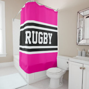 Rugby Bold Helder Roze Zwart Wit Racing Stripes Douchegordijn
