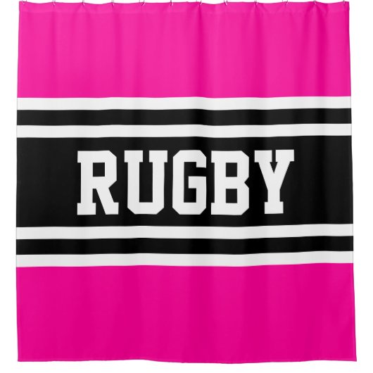 Rugby Bold Helder Roze Zwart Wit Racing Stripes Douchegordijn (Voorkant)