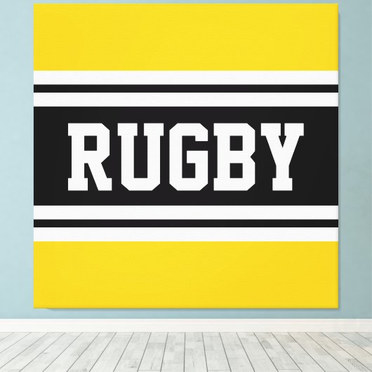RUGBY Helder Geel Zwart Wit Racing Stripes Canvas Afdruk (Insitu (Houten vloer))