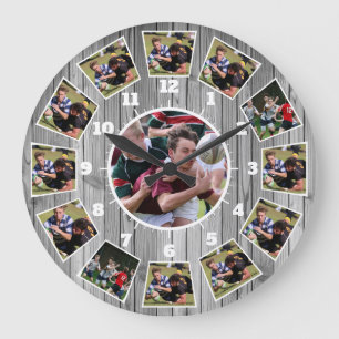 Rugby Wooden Effect Persoonlijk Foto Collage Grote Klok
