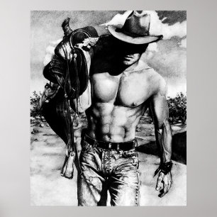 Rugged Perfect Abs Cowboy met zijn zadel Poster