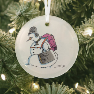 Rugzak Sneeuwman ronde glazen kerstbal Glas Ornament